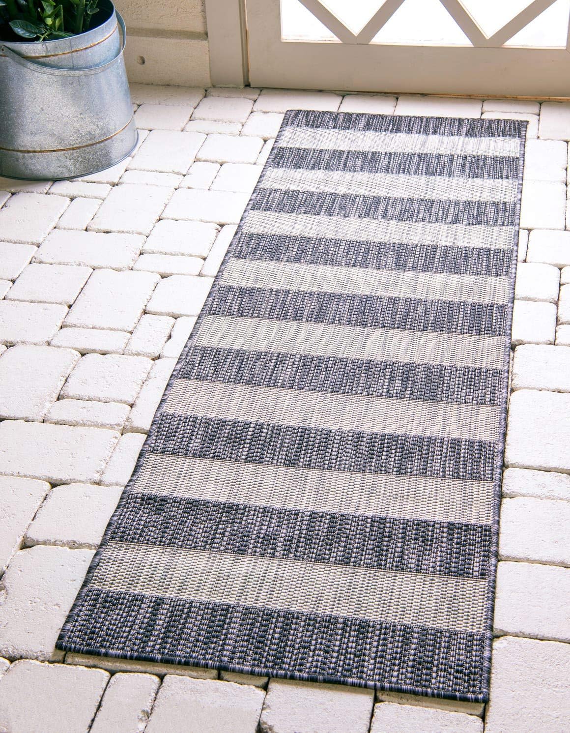 Unique Loom Outdoor Striped Collection Area Rug - Distressed Stripe (9' x 12' Rectangle, Green/ Gray)
