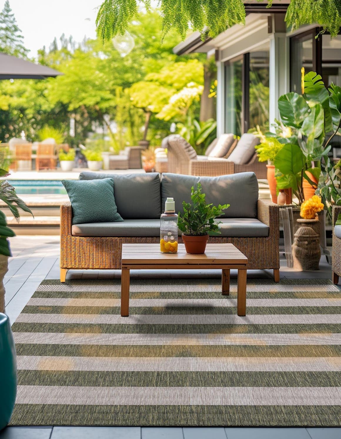 Unique Loom Outdoor Striped Collection Area Rug - Distressed Stripe (9' x 12' Rectangle, Green/ Gray)
