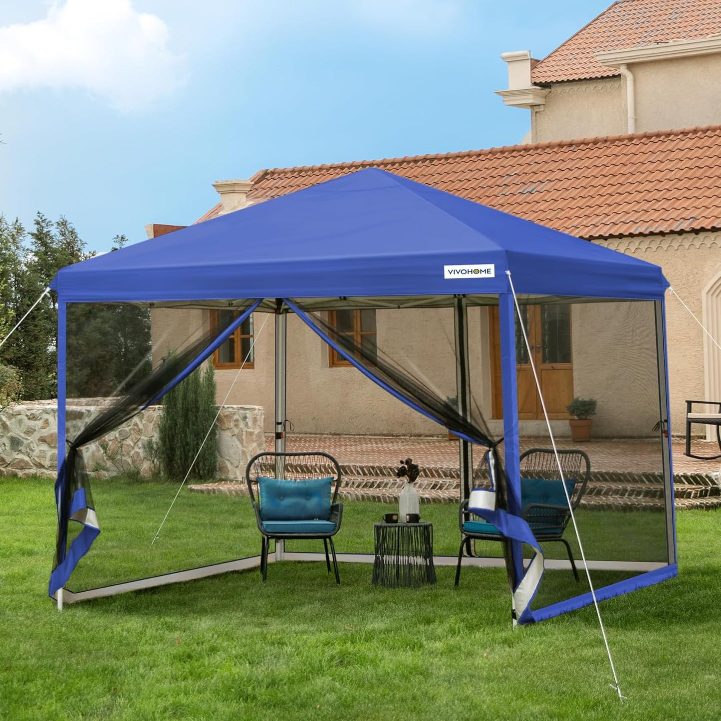 VIVOHOME 8x8ft Easy Pop-Up Canopy, Outdoor Screen Tent with Mosquito Netting, 2 Zipper Doors, and Roller Bag for Yard Camping Picnic Party Events, Beige