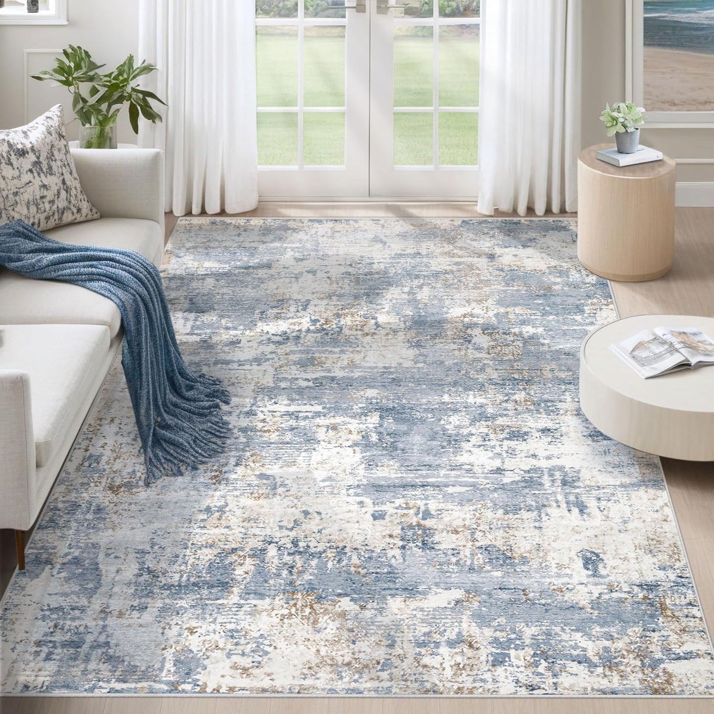 8x10 Area Rugs for Living Room, Washable Modern Abstract Large Area Rug Neutral Soft Non Slip Kids Rug Stain Resistant Indoor Carpet for Bedroom Nursery Dining Room Playroom Home Office(Blue, 8'x10')