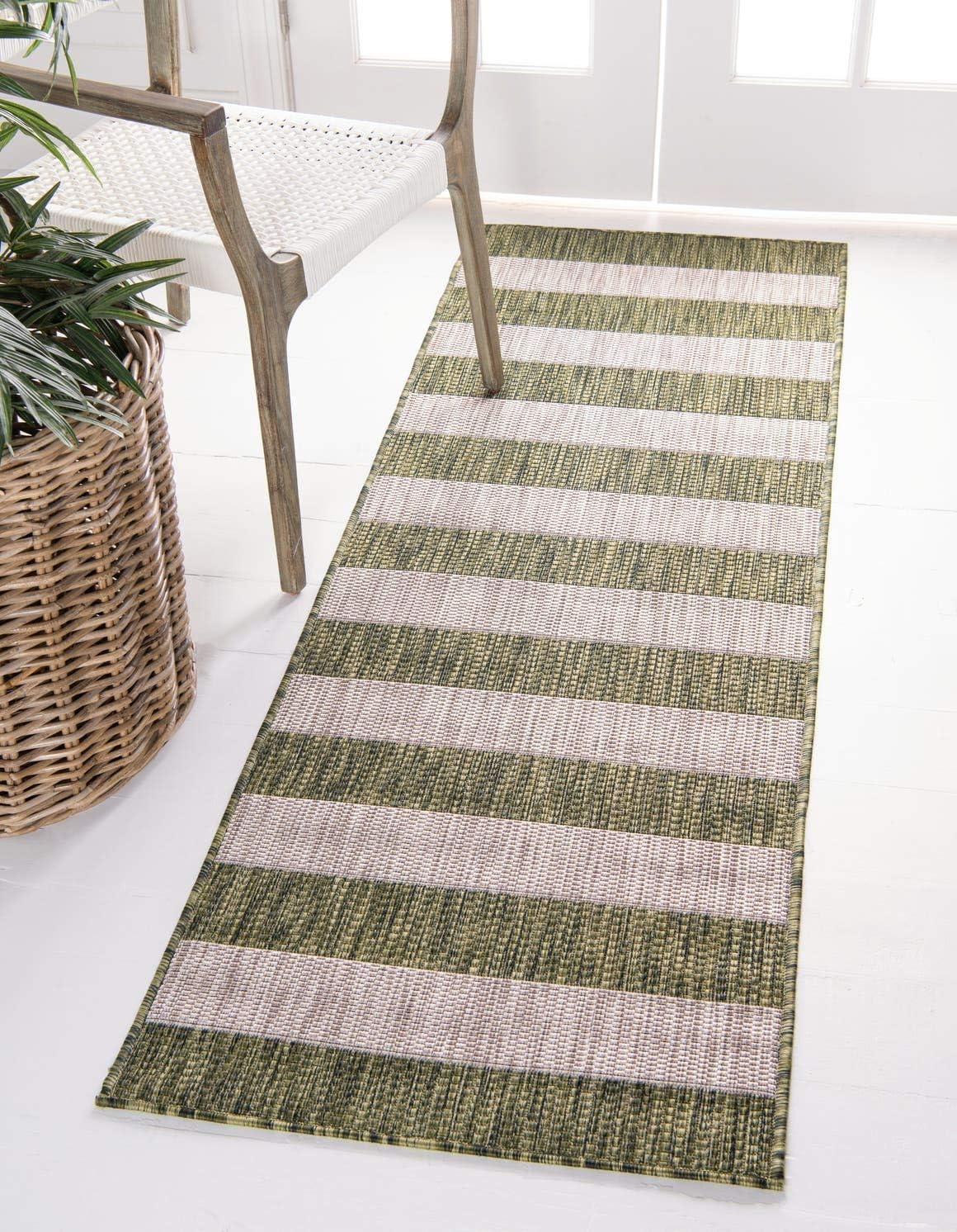Unique Loom Outdoor Striped Collection Area Rug - Distressed Stripe (9' x 12' Rectangle, Green/ Gray)