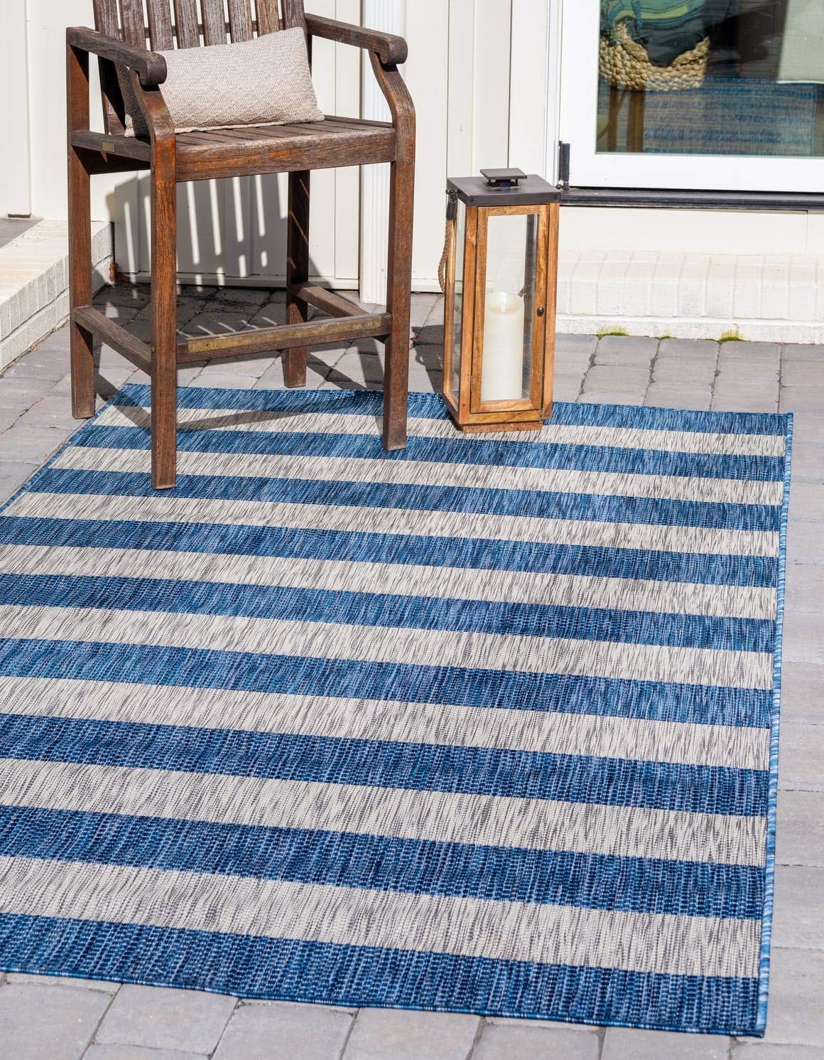 Unique Loom Outdoor Striped Collection Area Rug - Distressed Stripe (9' x 12' Rectangle, Green/ Gray)