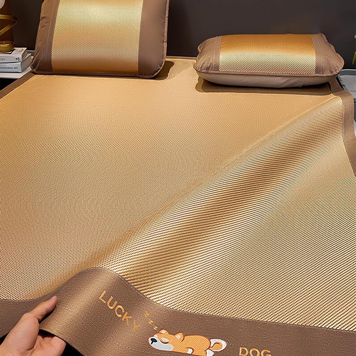 Rattan Summer Cooling Sleeping Mat, Foldable Rattan Cooling Bed Mat with Pillowcase, Smooth Breathable Bed Mat Ice Silk Floor Mat, Reversible Absorb Sweat/Cool Pad, Easy to Clean for School Dormitory