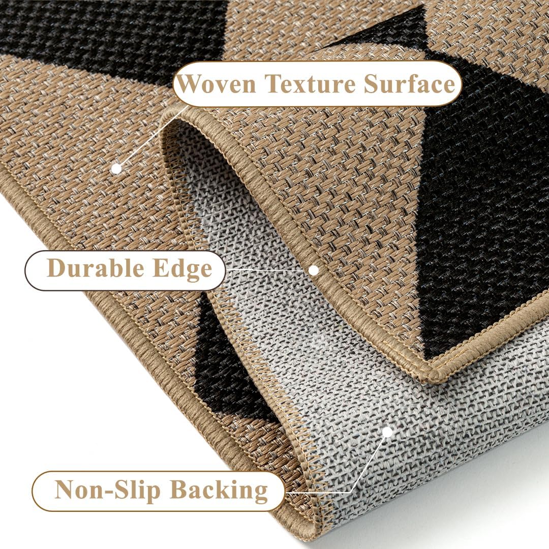 5x7 Checkered Easy Jute Area Rug for Living Room Checkerboard Washable Indoor Outdoor Carpet Farmhouse Patio Office Mat Geometric Non Slip Black Carpet for Backyard Dining Room