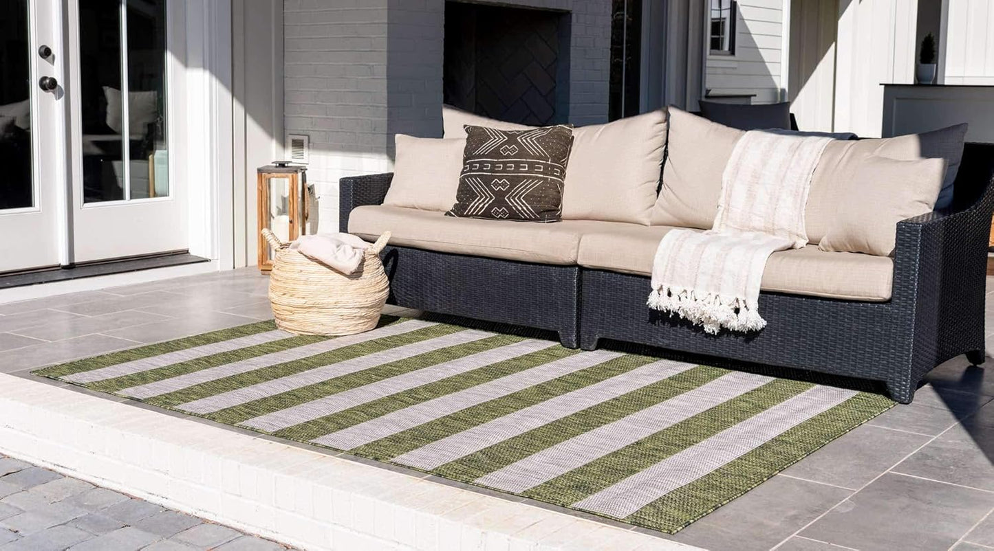 Unique Loom Outdoor Striped Collection Area Rug - Distressed Stripe (9' x 12' Rectangle, Green/ Gray)