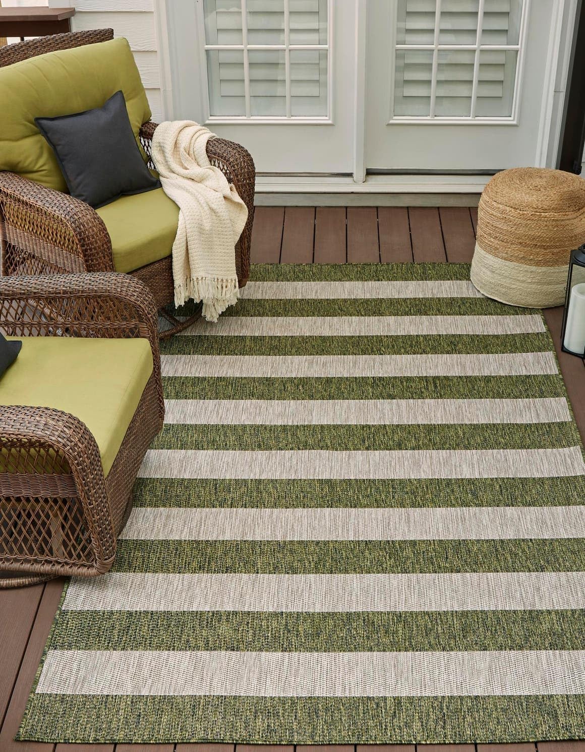 Unique Loom Outdoor Striped Collection Area Rug - Distressed Stripe (9' x 12' Rectangle, Green/ Gray)