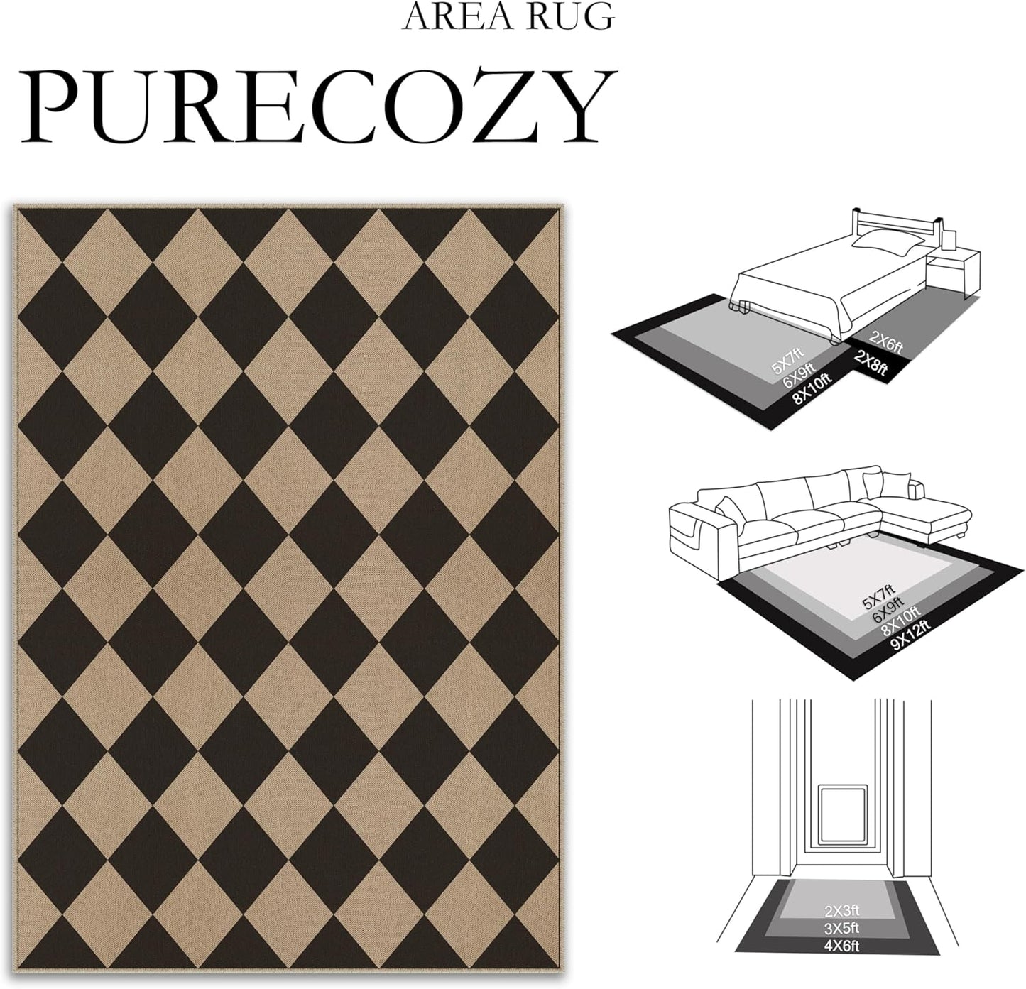 5x7 Checkered Easy Jute Area Rug for Living Room Checkerboard Washable Indoor Outdoor Carpet Farmhouse Patio Office Mat Geometric Non Slip Black Carpet for Backyard Dining Room