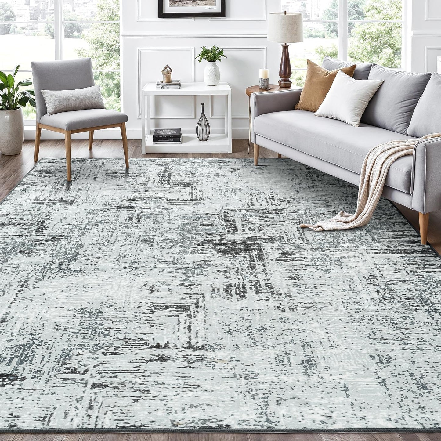 Rugflix 8x10 Area Rugs for Living Room, Washable Large Rug Stain-Resistant Low Pile, Modern Neutral Carpet for Dining Room Home Office Kid Room Nursery Bedroom, Grey Brown