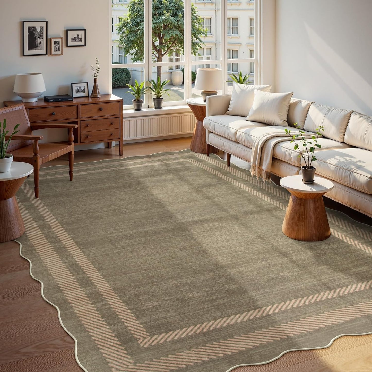 Lahome Scalloped Washable Area Rugs 5x7, Soft Nursery Rug for Bedroom Girls, Modern Bordered Ultra-Thin Non Slip Solid Throw Carpet for Living Room Classroom Office, Mauve/Pink
