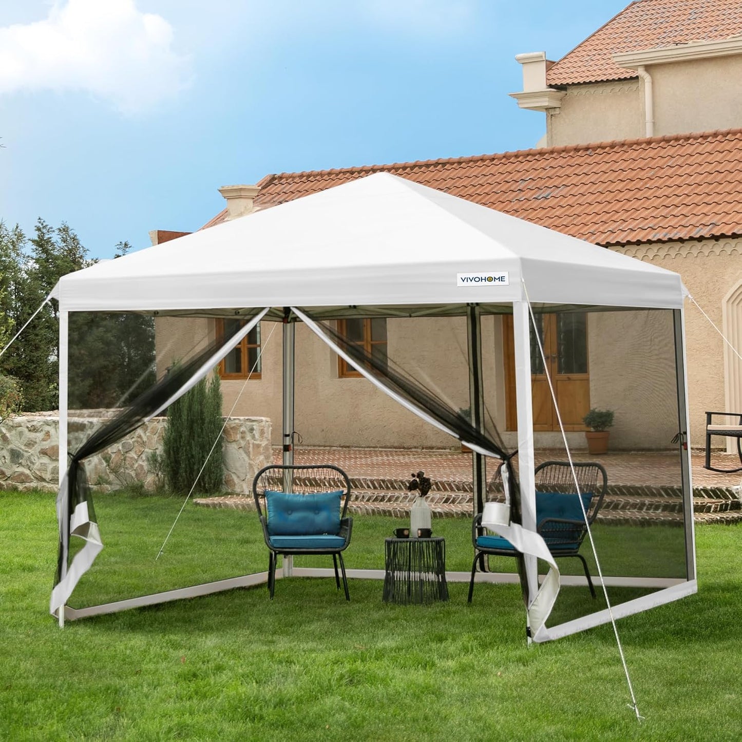 VIVOHOME 8x8ft Easy Pop-Up Canopy, Outdoor Screen Tent with Mosquito Netting, 2 Zipper Doors, and Roller Bag for Yard Camping Picnic Party Events, Beige
