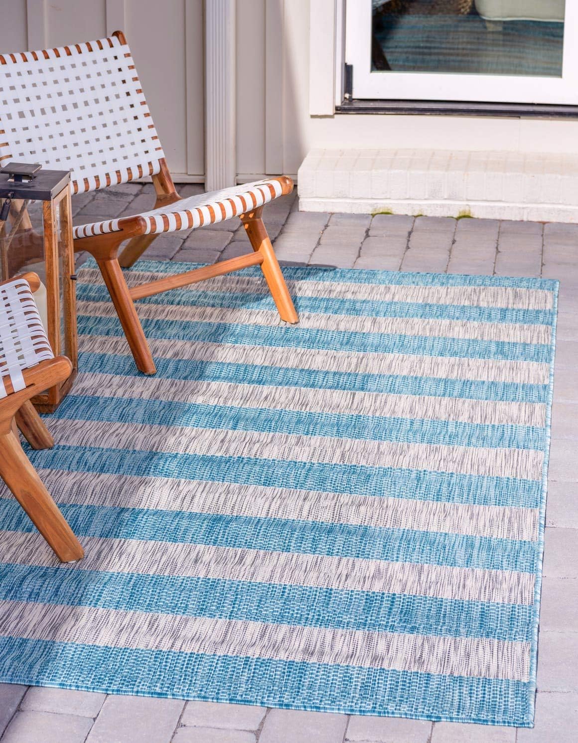 Unique Loom Outdoor Striped Collection Area Rug - Distressed Stripe (9' x 12' Rectangle, Green/ Gray)