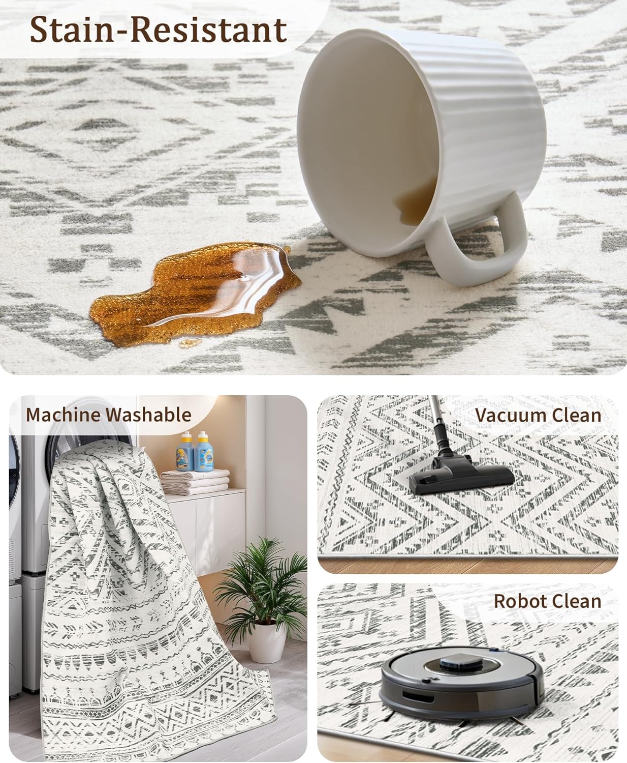 8x10 Area Rug for Living Room Moroccan Washable Rugs Non Slip Indoor Floor Carpet Foldable Large Soft Area Rug for Dining Room Bedroom with Low Pile(Grey,8'x10')