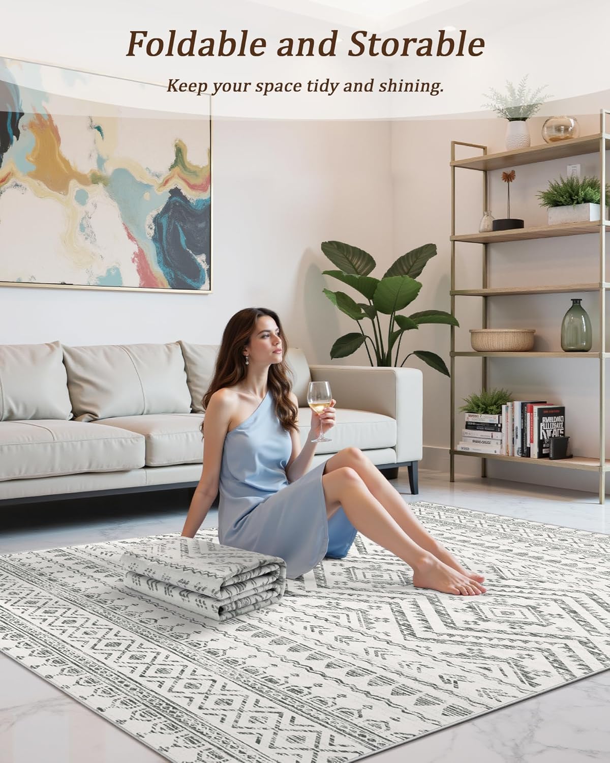 8x10 Area Rug for Living Room Moroccan Washable Rugs Non Slip Indoor Floor Carpet Foldable Large Soft Area Rug for Dining Room Bedroom with Low Pile(Grey,8'x10')