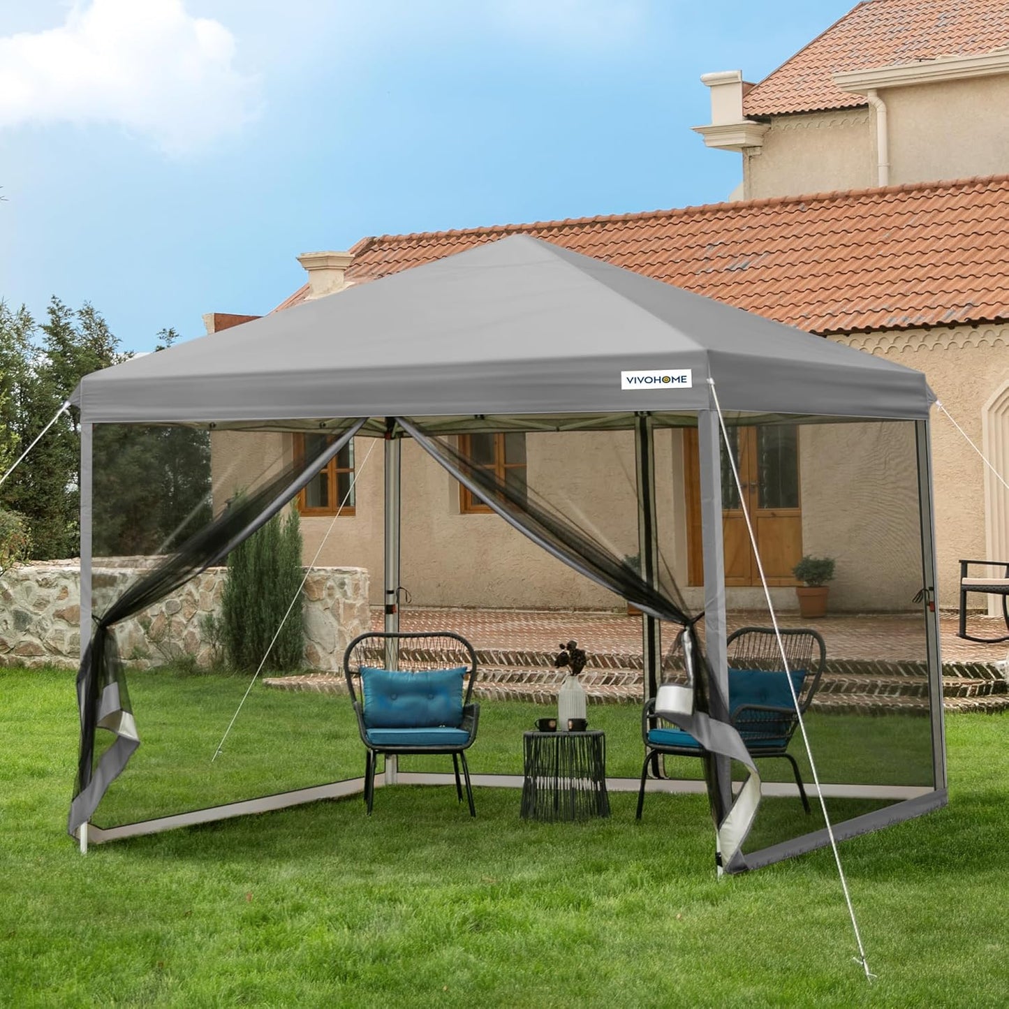 VIVOHOME 8x8ft Easy Pop-Up Canopy, Outdoor Screen Tent with Mosquito Netting, 2 Zipper Doors, and Roller Bag for Yard Camping Picnic Party Events, Beige