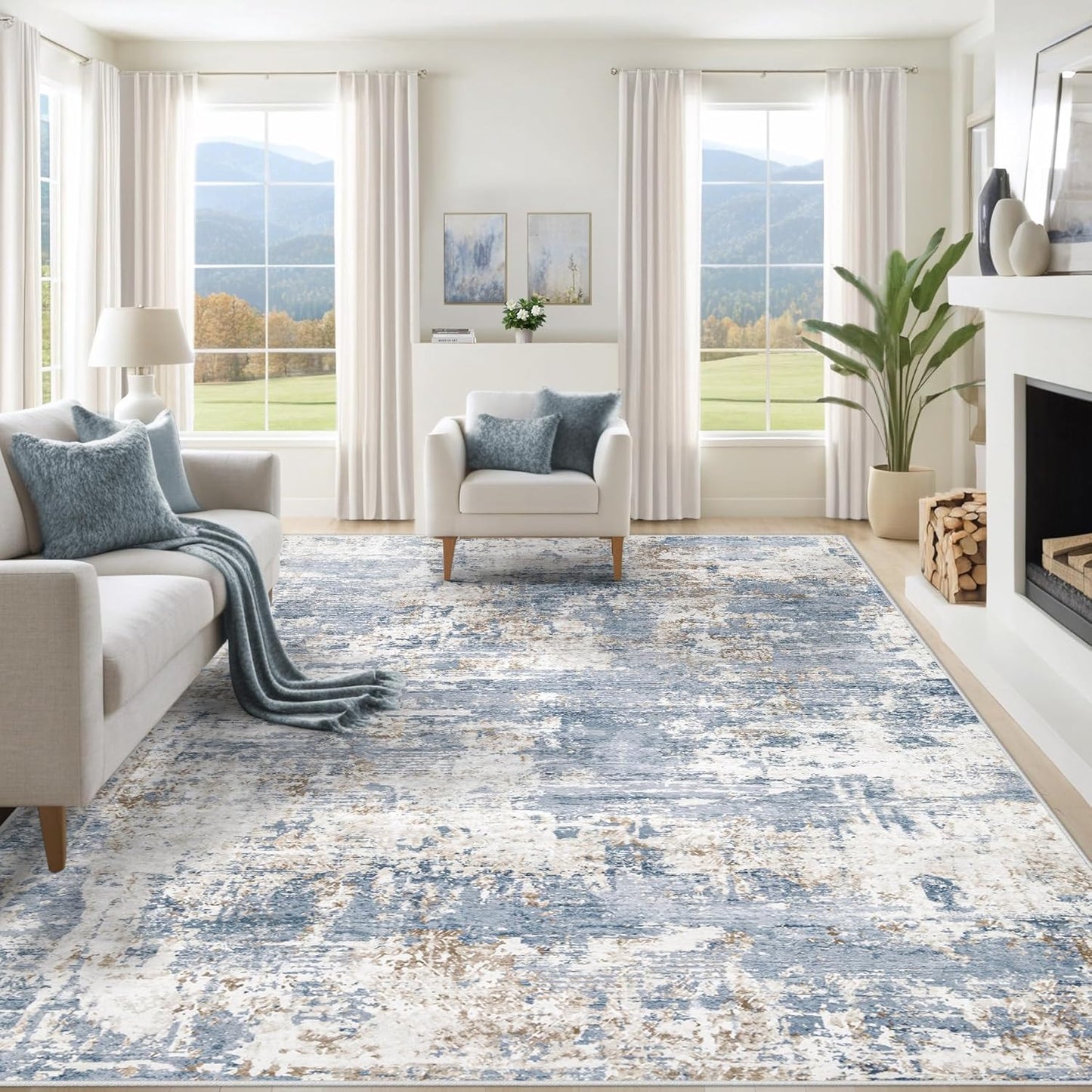 8x10 Area Rugs for Living Room, Washable Modern Abstract Large Area Rug Neutral Soft Non Slip Kids Rug Stain Resistant Indoor Carpet for Bedroom Nursery Dining Room Playroom Home Office(Blue, 8'x10')