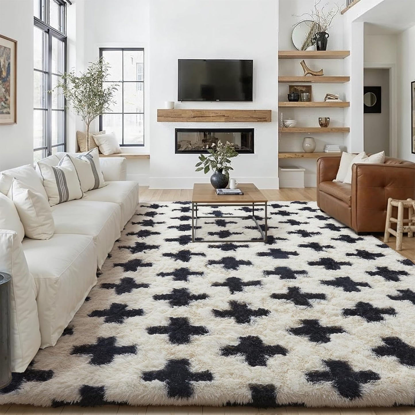 Checkered Rug 8x10 for Living Room, Black and White Modern Shag Rug Washable Non-Slip Large Area Rug Super Soft Indoor Fuzzy Carpet Fluffy Rugs for Bedroom Home Aesthetic Decor