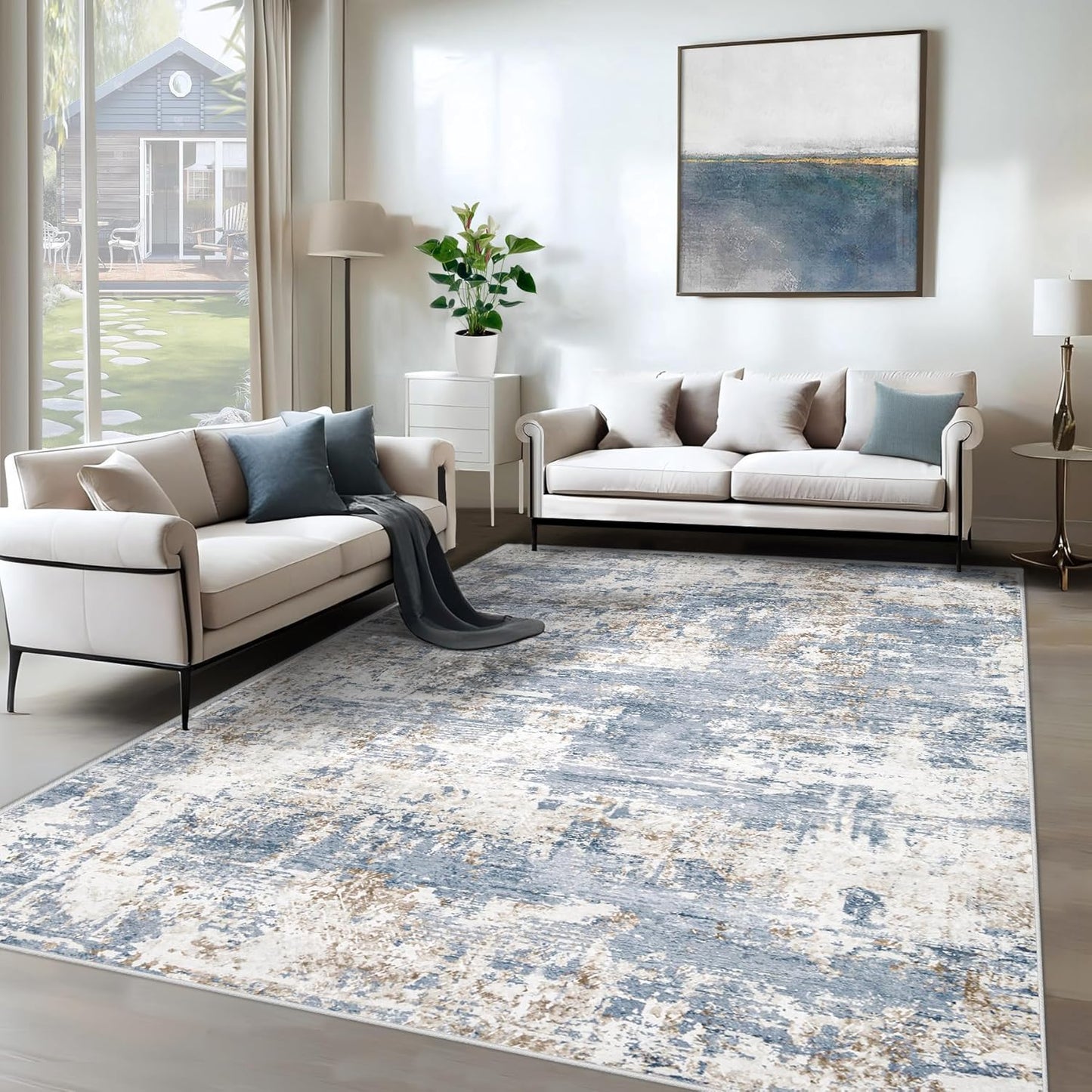 8x10 Area Rugs for Living Room, Washable Modern Abstract Large Area Rug Neutral Soft Non Slip Kids Rug Stain Resistant Indoor Carpet for Bedroom Nursery Dining Room Playroom Home Office(Blue, 8'x10')