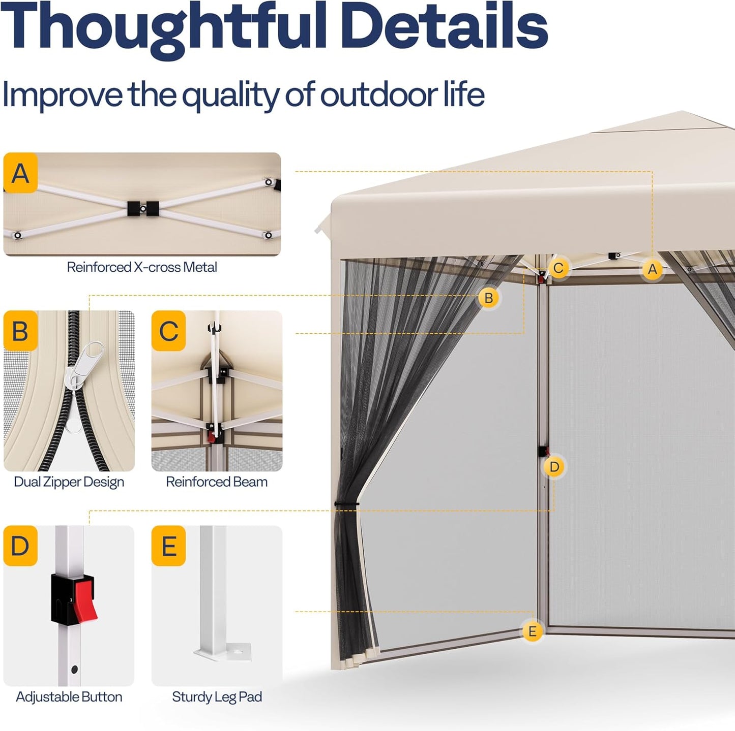 VIVOHOME 8x8ft Easy Pop-Up Canopy, Outdoor Screen Tent with Mosquito Netting, 2 Zipper Doors, and Roller Bag for Yard Camping Picnic Party Events, Beige