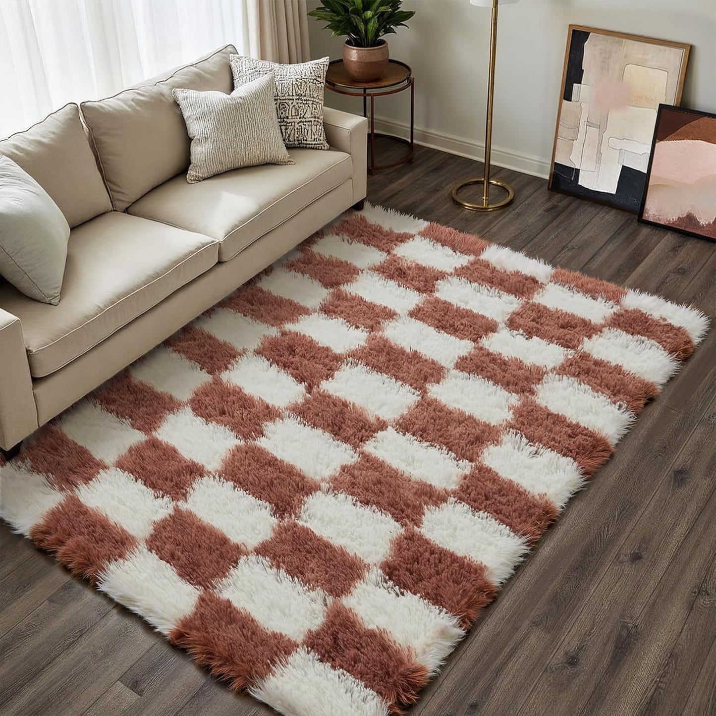 Checkered Rug 8x10 for Living Room, Black and White Modern Shag Rug Washable Non-Slip Large Area Rug Super Soft Indoor Fuzzy Carpet Fluffy Rugs for Bedroom Home Aesthetic Decor