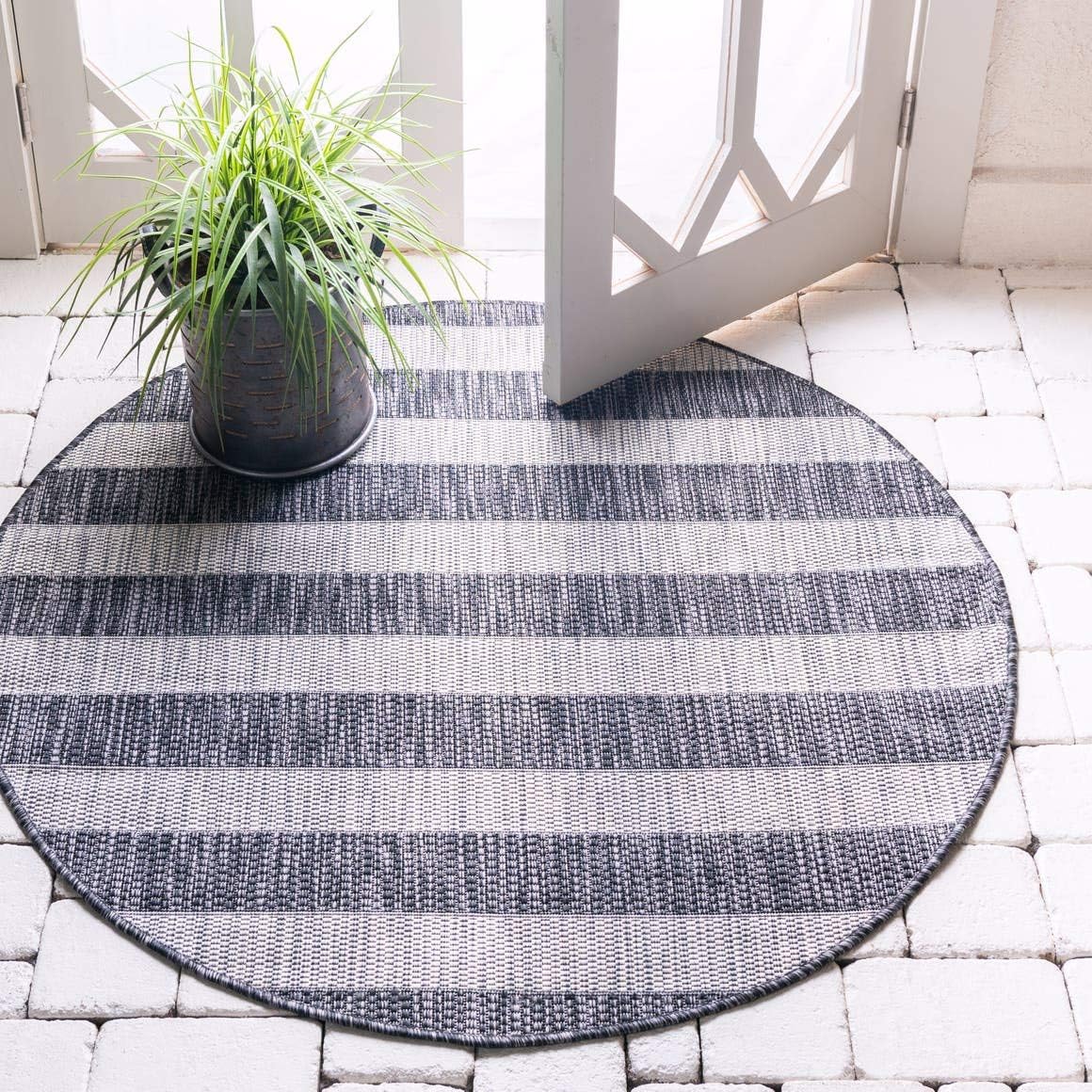 Unique Loom Outdoor Striped Collection Area Rug - Distressed Stripe (9' x 12' Rectangle, Green/ Gray)