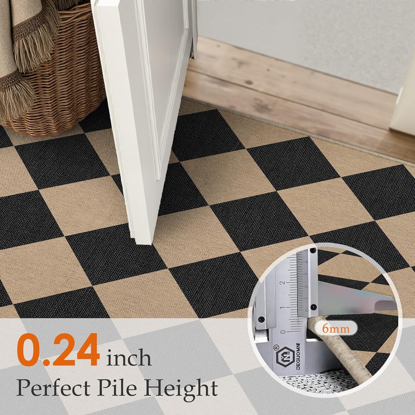 5x7 Checkered Easy Jute Area Rug for Living Room Checkerboard Washable Indoor Outdoor Carpet Farmhouse Patio Office Mat Geometric Non Slip Black Carpet for Backyard Dining Room