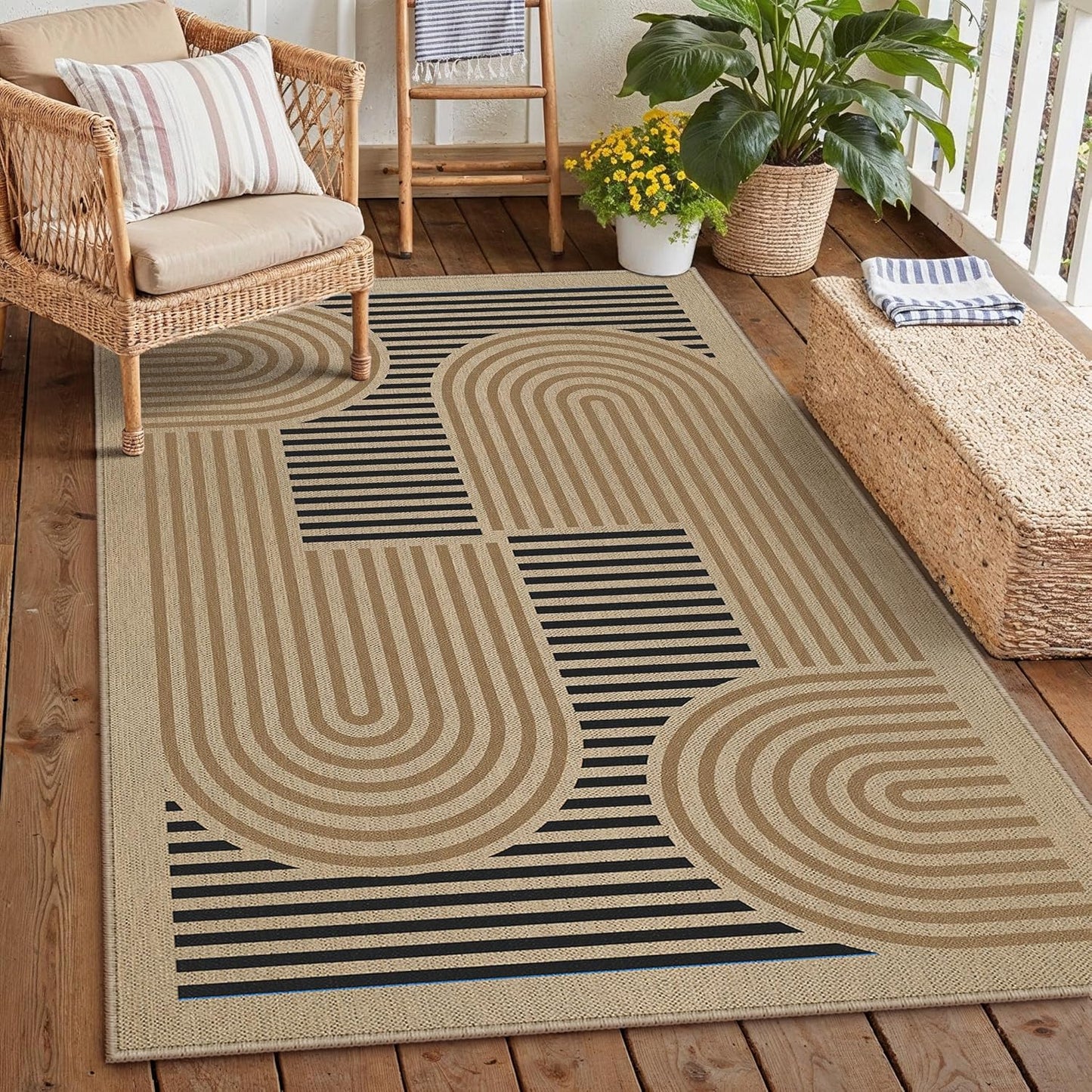 5x7 Checkered Easy Jute Area Rug for Living Room Checkerboard Washable Indoor Outdoor Carpet Farmhouse Patio Office Mat Geometric Non Slip Black Carpet for Backyard Dining Room