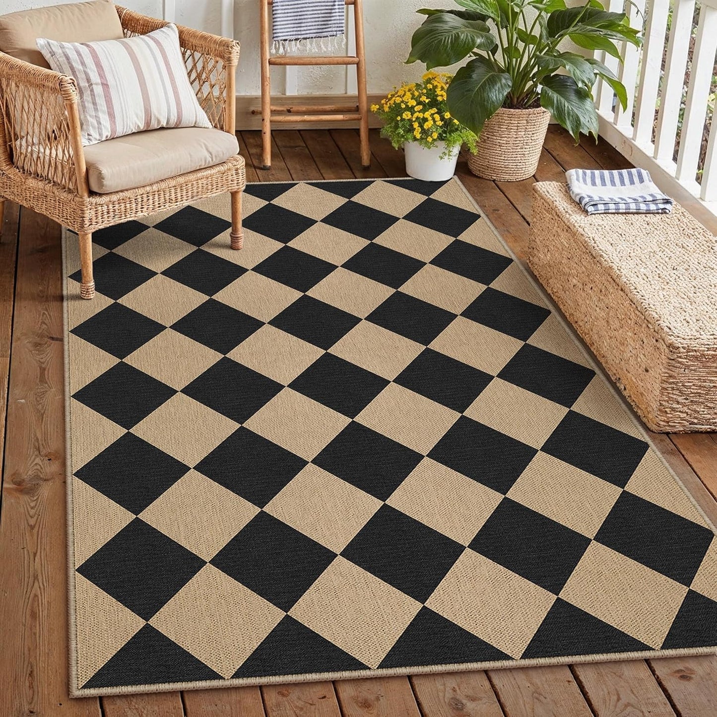 5x7 Checkered Easy Jute Area Rug for Living Room Checkerboard Washable Indoor Outdoor Carpet Farmhouse Patio Office Mat Geometric Non Slip Black Carpet for Backyard Dining Room