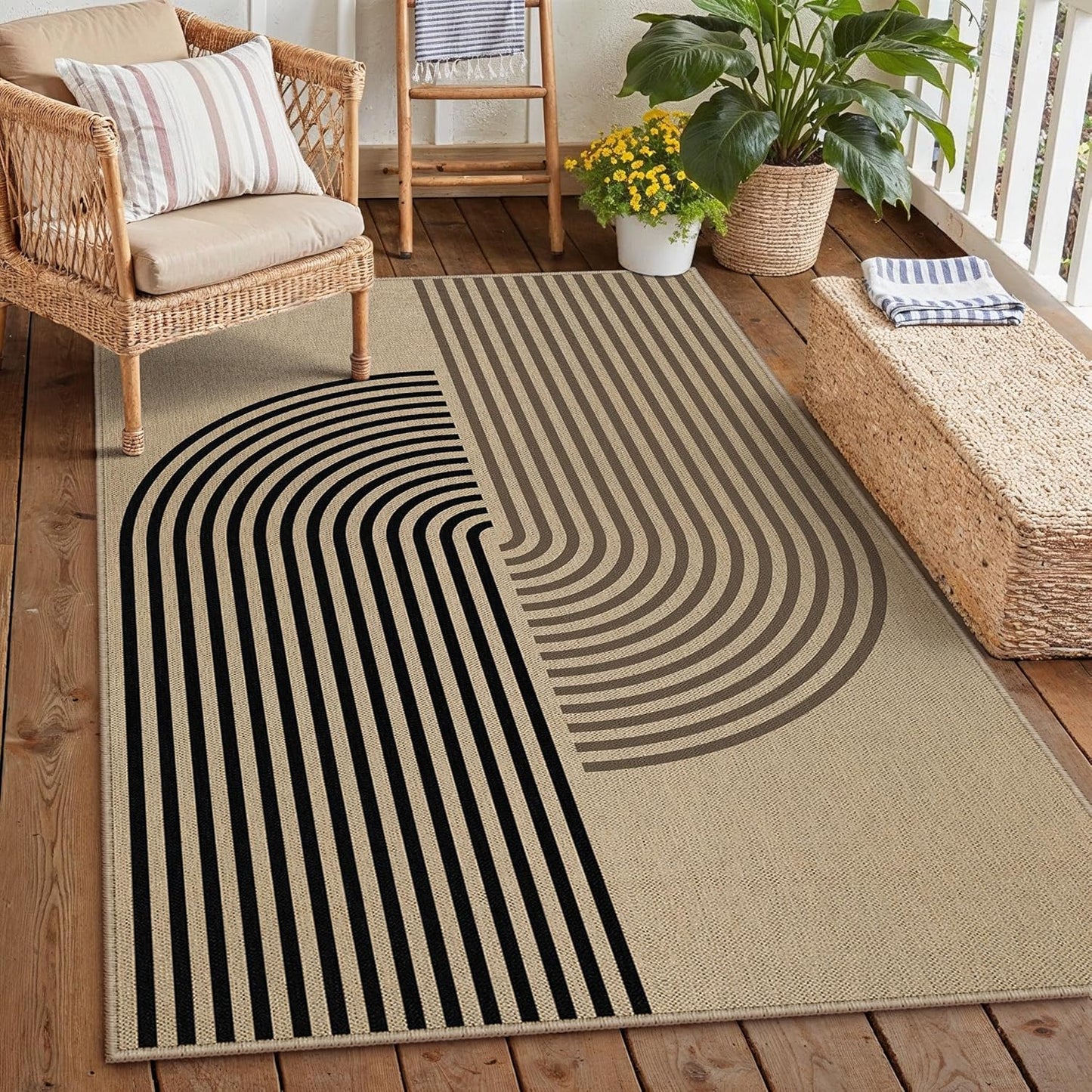 5x7 Checkered Easy Jute Area Rug for Living Room Checkerboard Washable Indoor Outdoor Carpet Farmhouse Patio Office Mat Geometric Non Slip Black Carpet for Backyard Dining Room