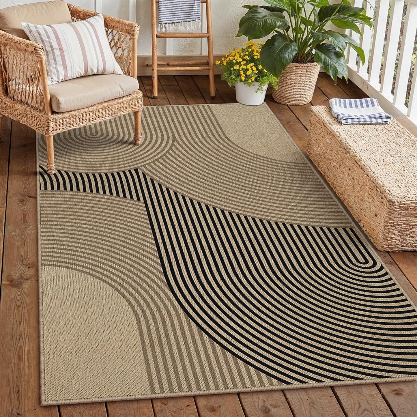 5x7 Checkered Easy Jute Area Rug for Living Room Checkerboard Washable Indoor Outdoor Carpet Farmhouse Patio Office Mat Geometric Non Slip Black Carpet for Backyard Dining Room