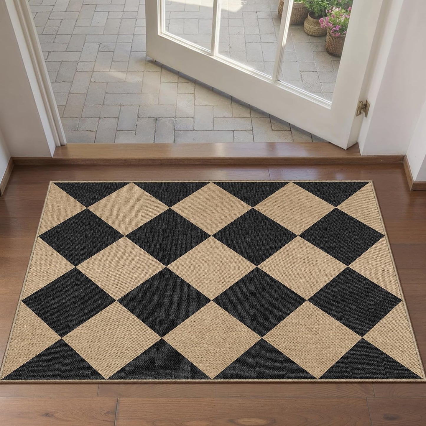 5x7 Checkered Easy Jute Area Rug for Living Room Checkerboard Washable Indoor Outdoor Carpet Farmhouse Patio Office Mat Geometric Non Slip Black Carpet for Backyard Dining Room
