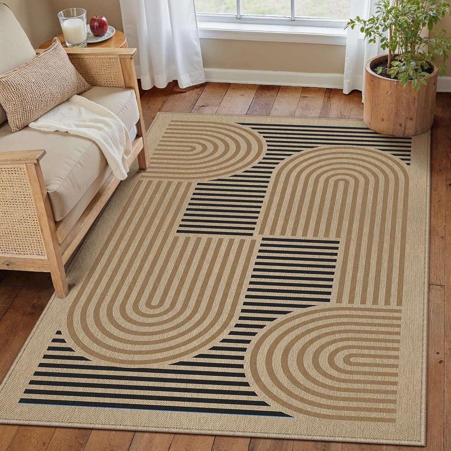 5x7 Checkered Easy Jute Area Rug for Living Room Checkerboard Washable Indoor Outdoor Carpet Farmhouse Patio Office Mat Geometric Non Slip Black Carpet for Backyard Dining Room