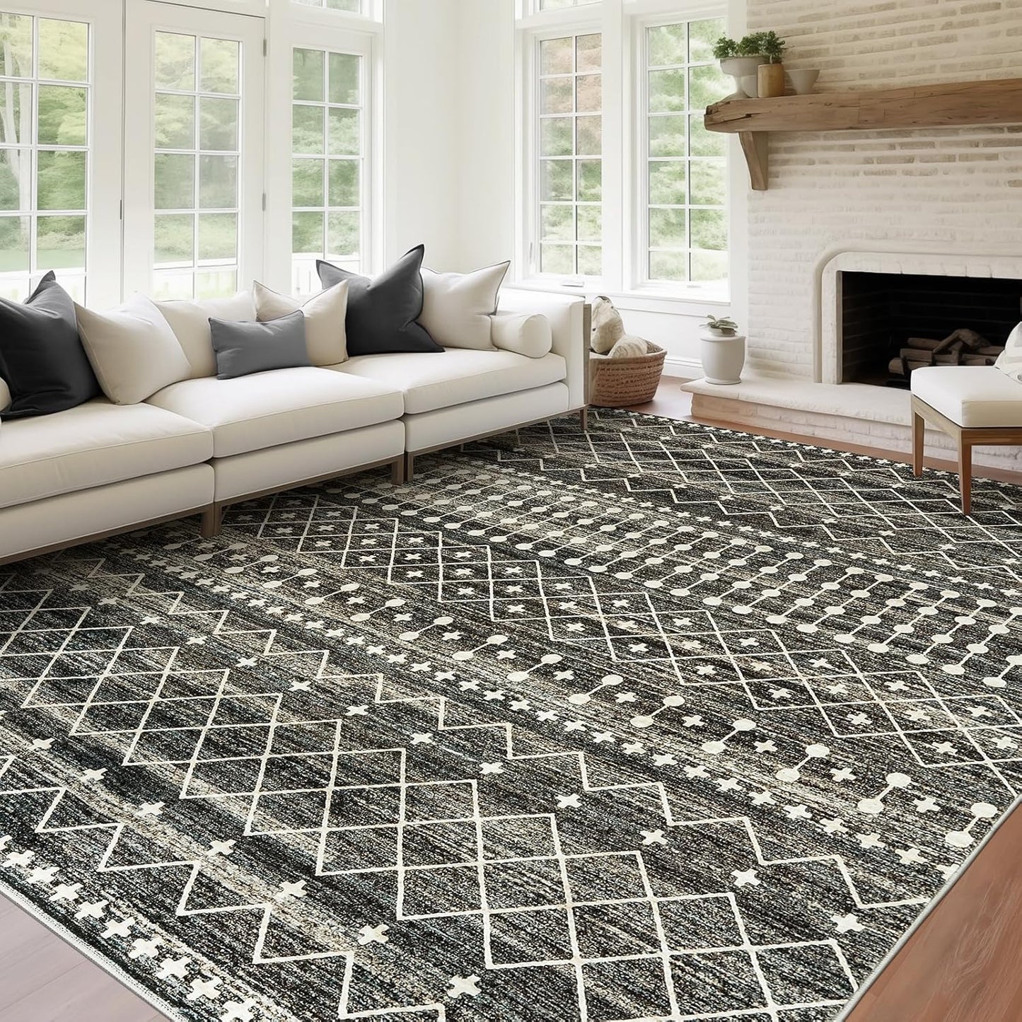 8x10 Area Rug for Living Room Moroccan Washable Rugs Non Slip Indoor Floor Carpet Foldable Large Soft Area Rug for Dining Room Bedroom with Low Pile(Grey,8'x10')