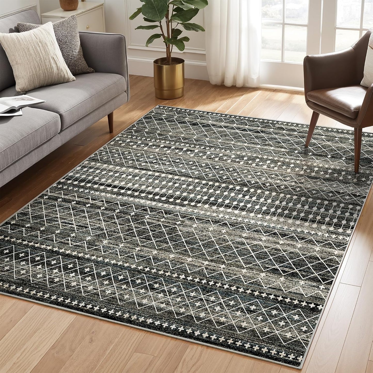 8x10 Area Rug for Living Room Moroccan Washable Rugs Non Slip Indoor Floor Carpet Foldable Large Soft Area Rug for Dining Room Bedroom with Low Pile(Grey,8'x10')