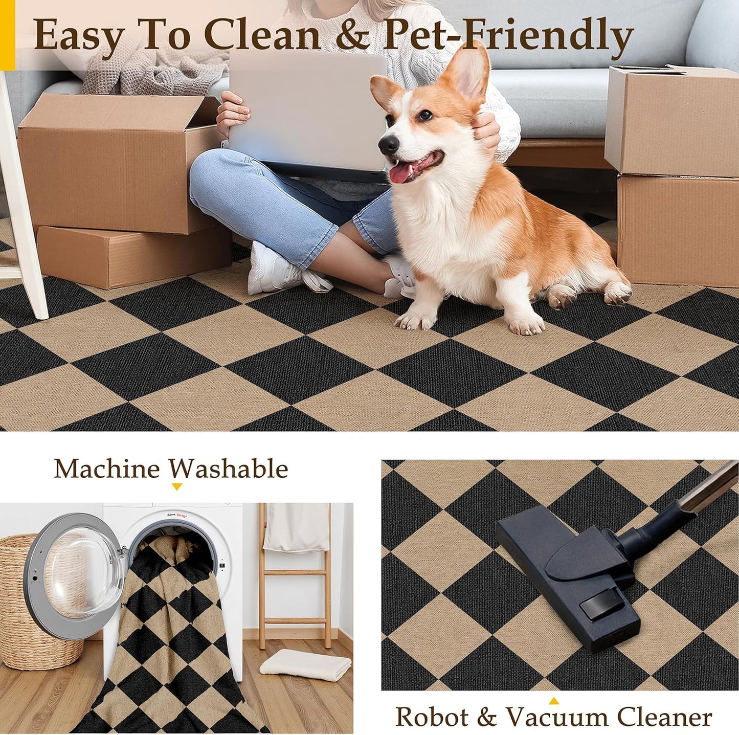 5x7 Checkered Easy Jute Area Rug for Living Room Checkerboard Washable Indoor Outdoor Carpet Farmhouse Patio Office Mat Geometric Non Slip Black Carpet for Backyard Dining Room