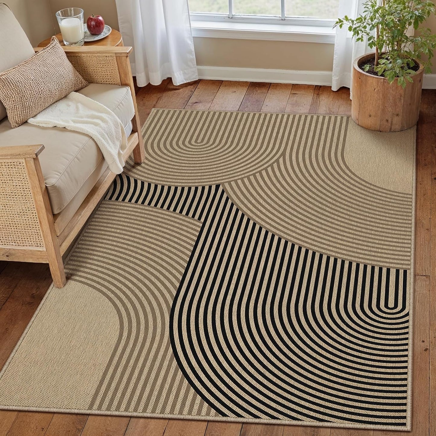 5x7 Checkered Easy Jute Area Rug for Living Room Checkerboard Washable Indoor Outdoor Carpet Farmhouse Patio Office Mat Geometric Non Slip Black Carpet for Backyard Dining Room