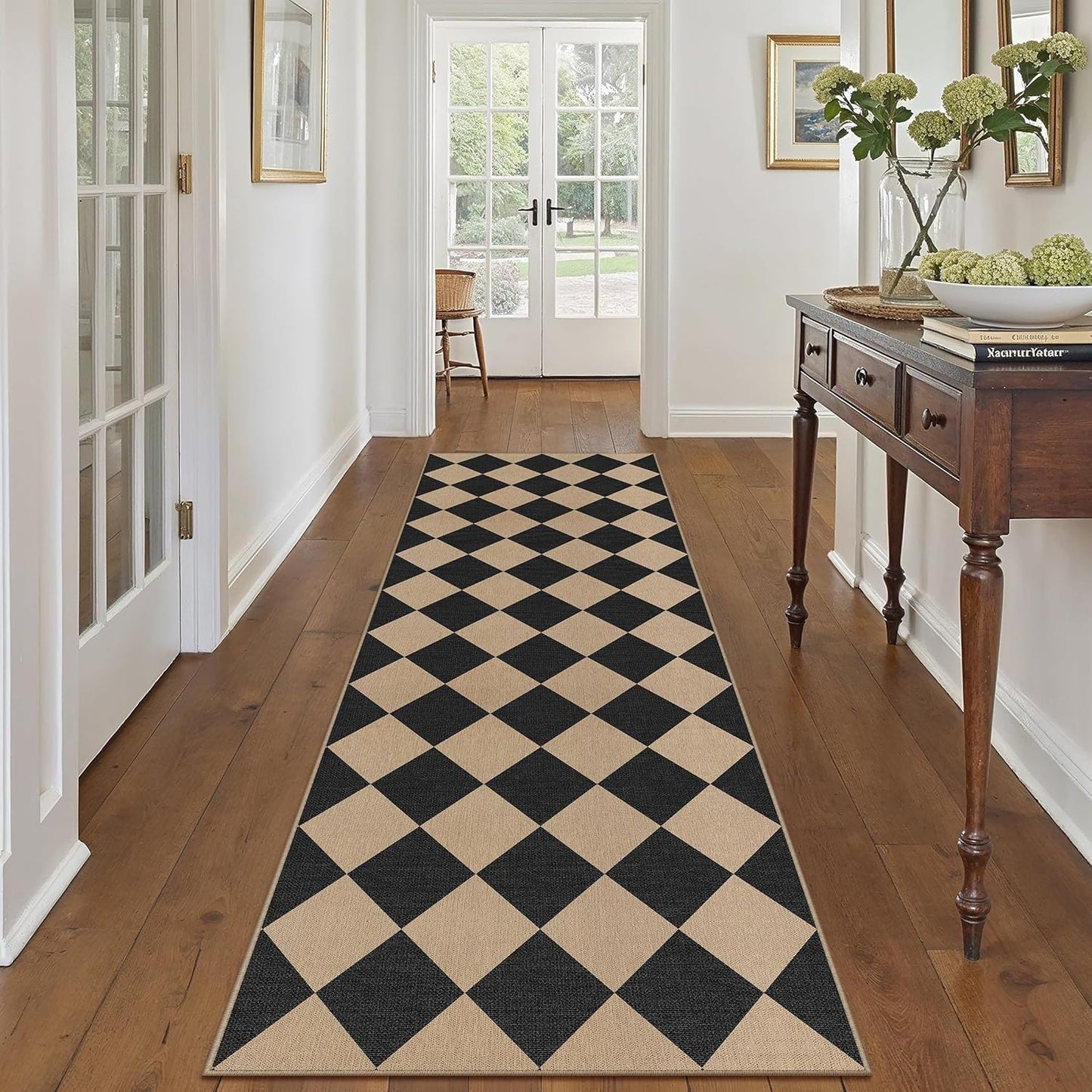 5x7 Checkered Easy Jute Area Rug for Living Room Checkerboard Washable Indoor Outdoor Carpet Farmhouse Patio Office Mat Geometric Non Slip Black Carpet for Backyard Dining Room