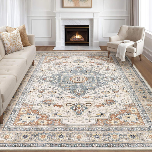 8x10 Area Rugs Living Room: Washable Boho Large Neutral Vintage Soft Rug Stain Resistant Farmhouse Non Slip Indoor Floor Carpet for Bedroom Nursery Kids Playroom Office Dining Room- Beige Blue