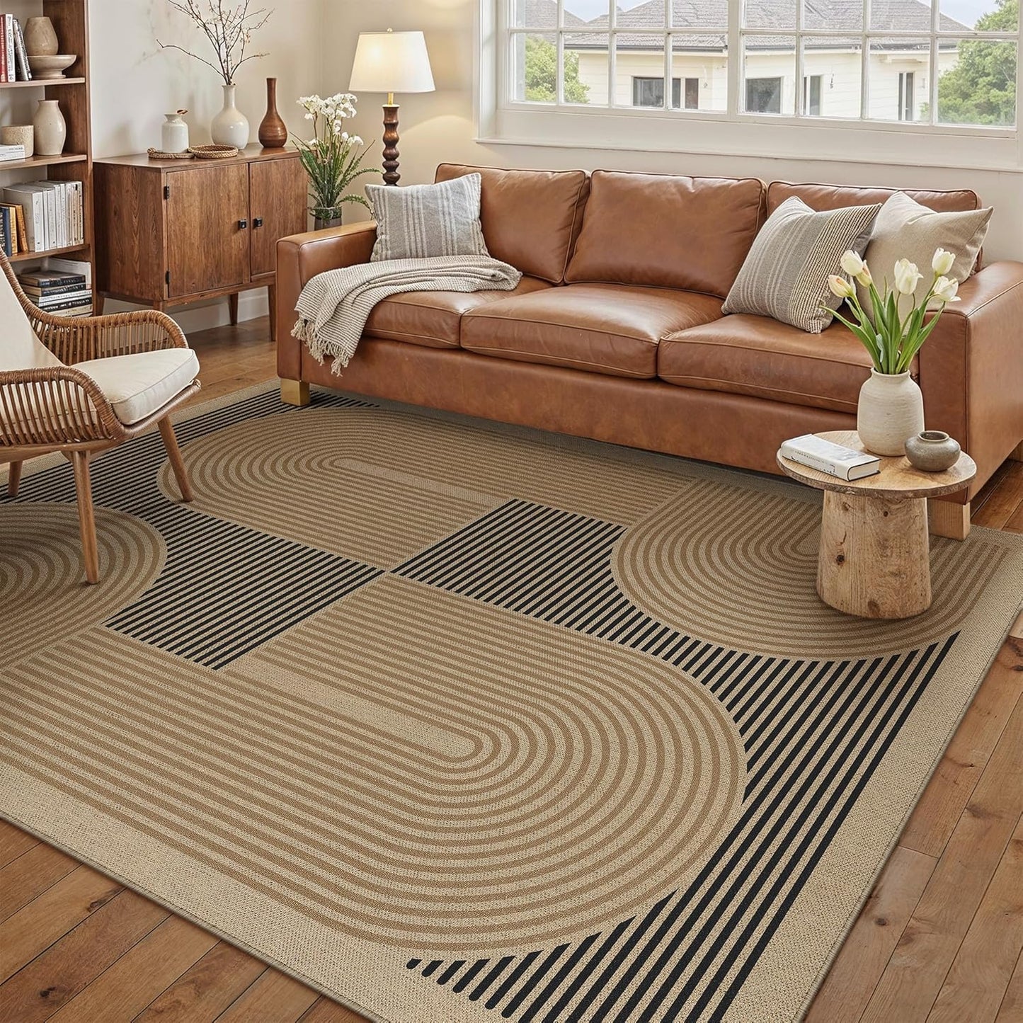 5x7 Checkered Easy Jute Area Rug for Living Room Checkerboard Washable Indoor Outdoor Carpet Farmhouse Patio Office Mat Geometric Non Slip Black Carpet for Backyard Dining Room