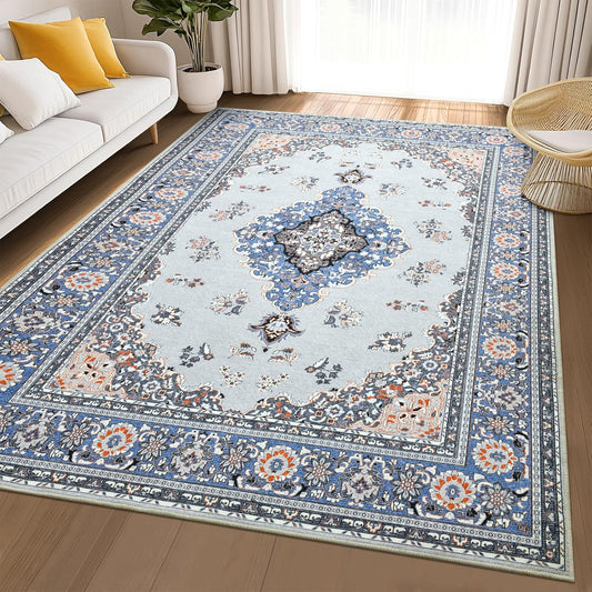 Tepook Large Washable Area Rug for Living Room, 6x9 Blue Boho Rugs for Bedroom, Non-Slip Thin Low Pile Vintage Throw Carpet for Office Dining Room Kitchen Home Decor
