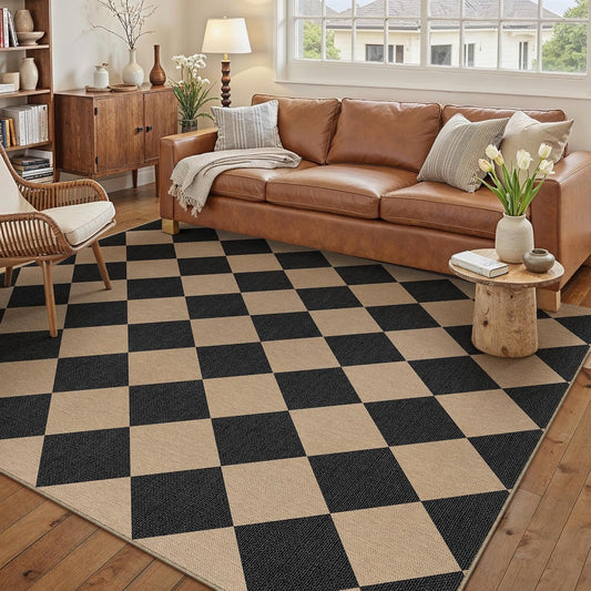 5x7 Checkered Easy Jute Area Rug for Living Room Checkerboard Washable Indoor Outdoor Carpet Farmhouse Patio Office Mat Geometric Non Slip Black Carpet for Backyard Dining Room