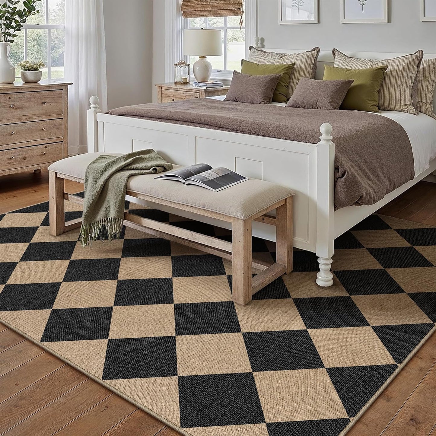 5x7 Checkered Easy Jute Area Rug for Living Room Checkerboard Washable Indoor Outdoor Carpet Farmhouse Patio Office Mat Geometric Non Slip Black Carpet for Backyard Dining Room
