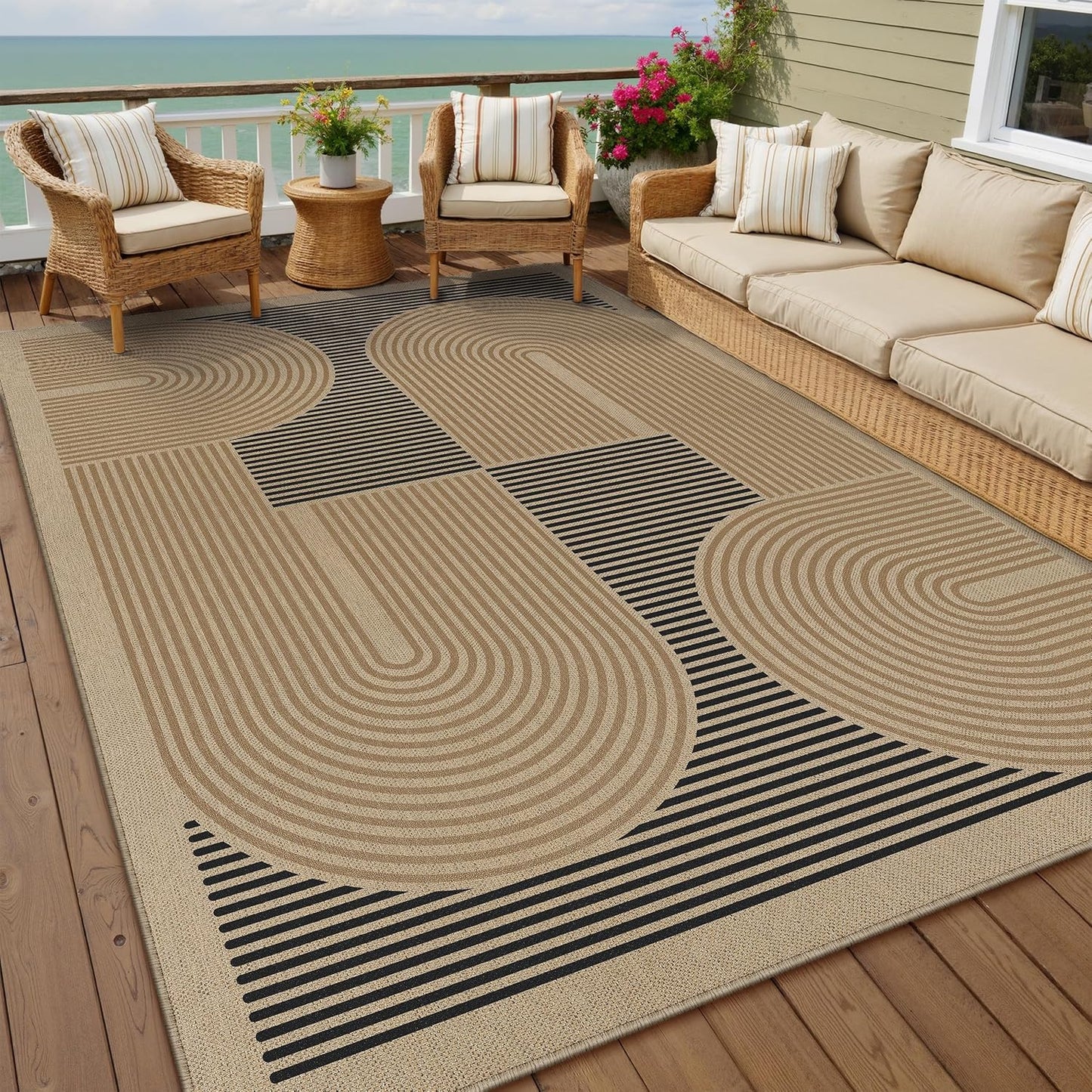 5x7 Checkered Easy Jute Area Rug for Living Room Checkerboard Washable Indoor Outdoor Carpet Farmhouse Patio Office Mat Geometric Non Slip Black Carpet for Backyard Dining Room