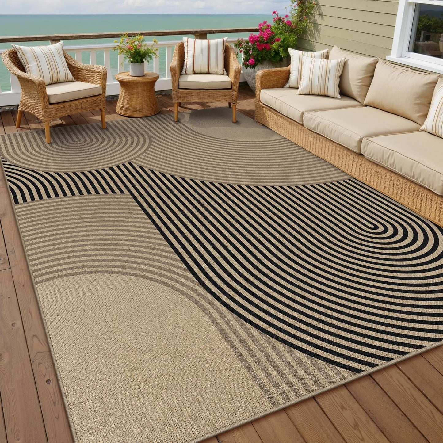 5x7 Checkered Easy Jute Area Rug for Living Room Checkerboard Washable Indoor Outdoor Carpet Farmhouse Patio Office Mat Geometric Non Slip Black Carpet for Backyard Dining Room