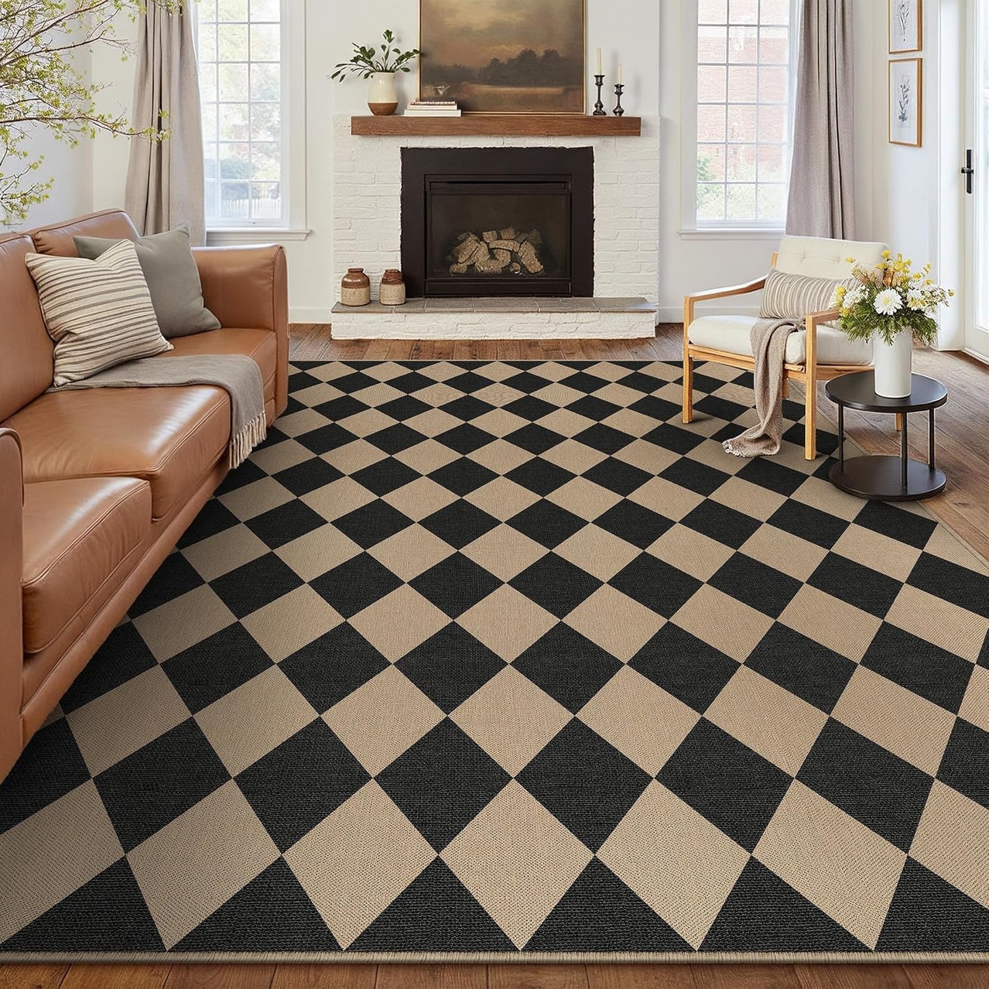 5x7 Checkered Easy Jute Area Rug for Living Room Checkerboard Washable Indoor Outdoor Carpet Farmhouse Patio Office Mat Geometric Non Slip Black Carpet for Backyard Dining Room